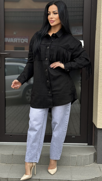 Čierna Prechodná bunda so strapcami